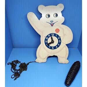 NEEDS REPAIR + PARTS 1950s Teddy Snow Crop Clock Moving Eyes Bear Wall Clock